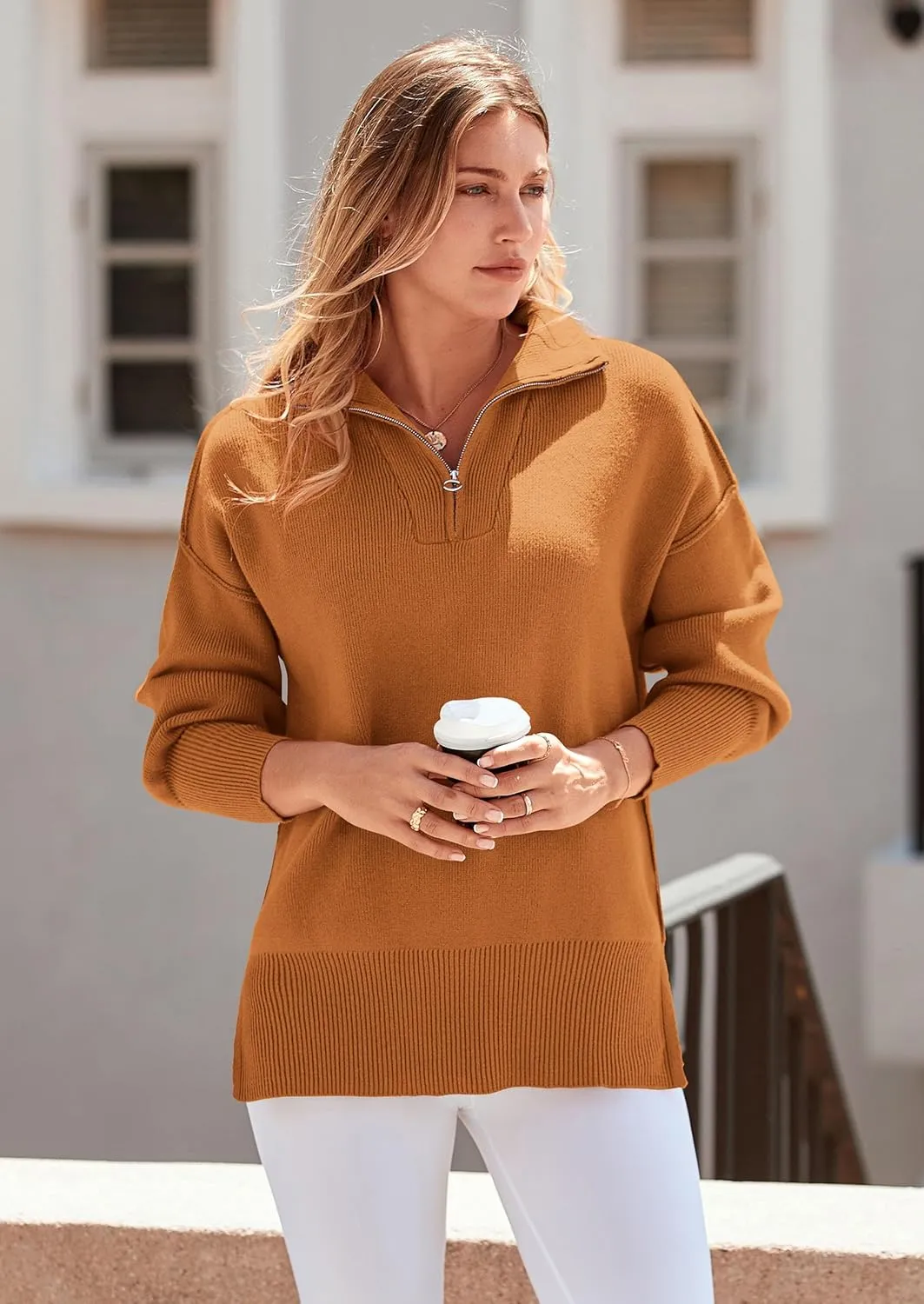 PRETTYGARDEN Women's Fall Pullover Oversized Sweaters Casual Long Sleeve Zip Up Lapel V Neck Knitted Winter Tops