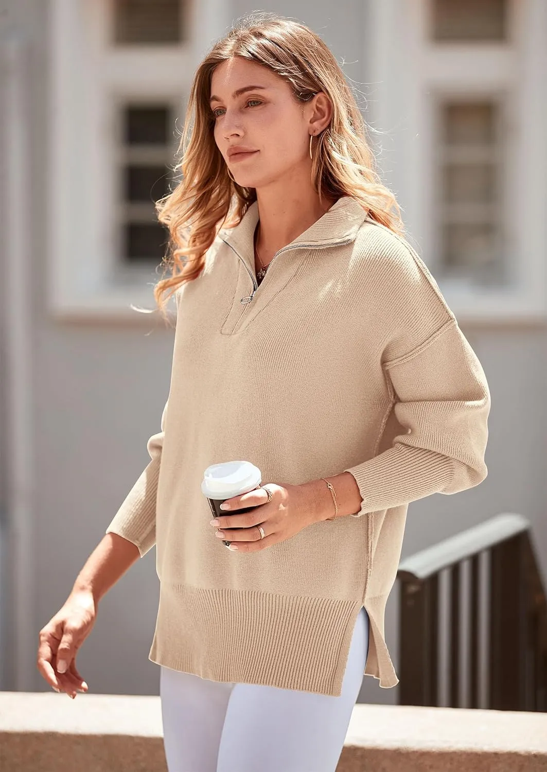 PRETTYGARDEN Women's Fall Pullover Oversized Sweaters Casual Long Sleeve Zip Up Lapel V Neck Knitted Winter Tops