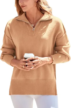 PRETTYGARDEN Women's Fall Pullover Oversized Sweaters Casual Long Sleeve Zip Up Lapel V Neck Knitted Winter Tops