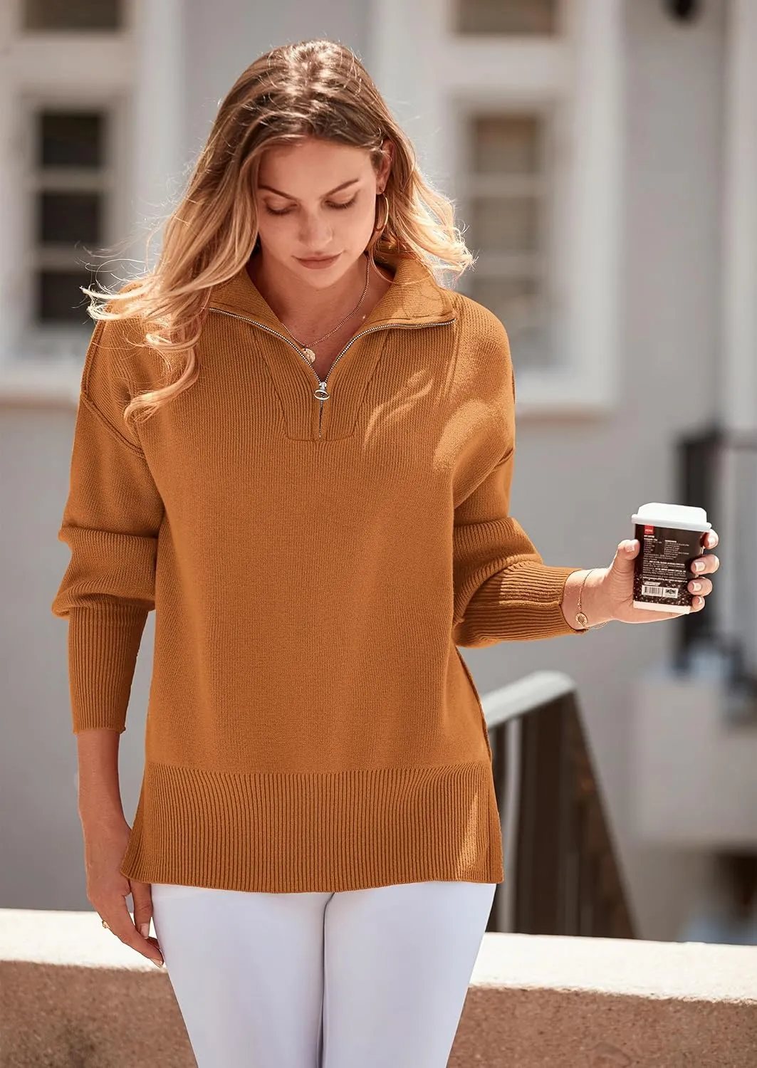 PRETTYGARDEN Women's Fall Pullover Oversized Sweaters Casual Long Sleeve Zip Up Lapel V Neck Knitted Winter Tops