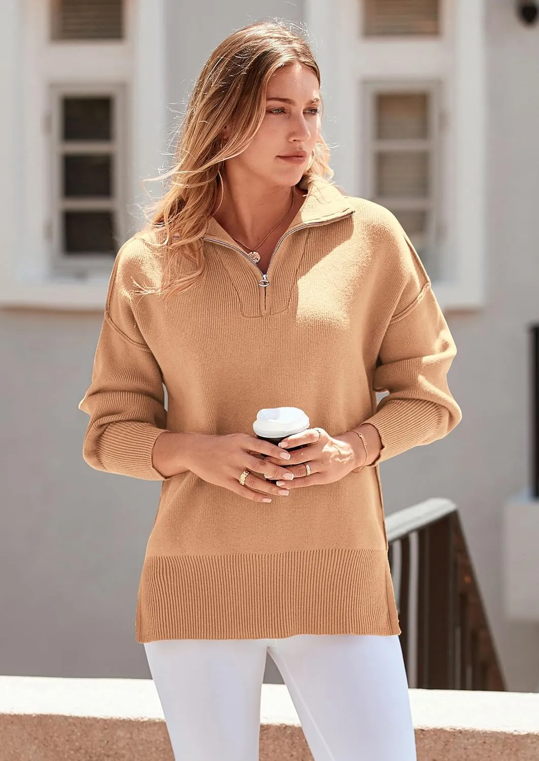 PRETTYGARDEN Women's Fall Pullover Oversized Sweaters Casual Long Sleeve Zip Up Lapel V Neck Knitted Winter Tops