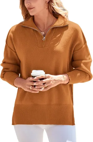 PRETTYGARDEN Women's Fall Pullover Oversized Sweaters Casual Long Sleeve Zip Up Lapel V Neck Knitted Winter Tops