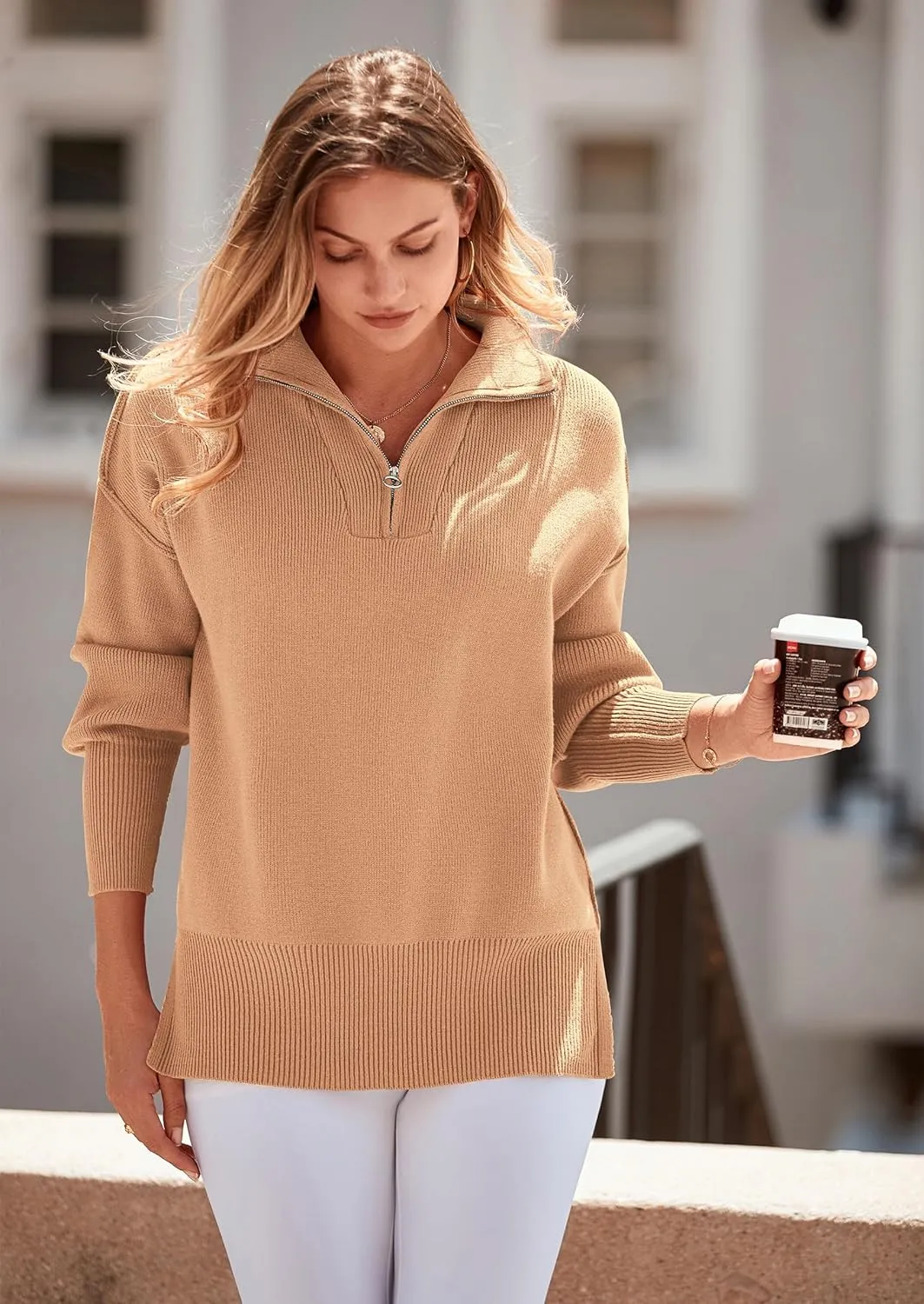 PRETTYGARDEN Women's Fall Pullover Oversized Sweaters Casual Long Sleeve Zip Up Lapel V Neck Knitted Winter Tops