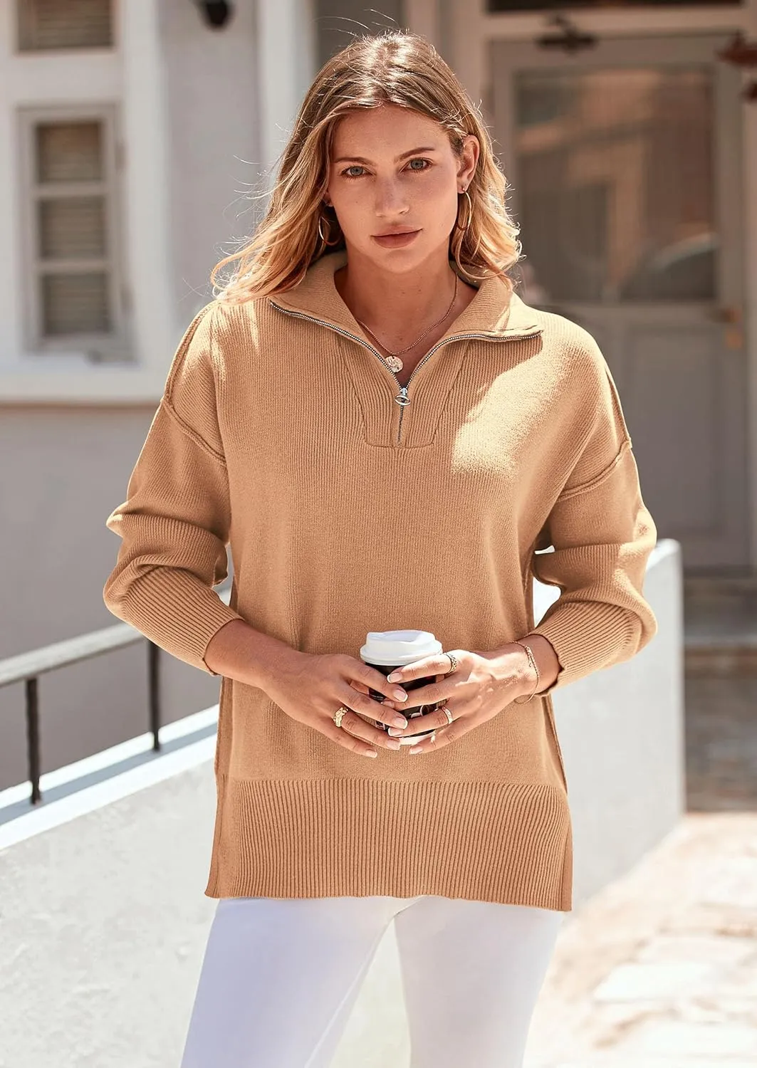 PRETTYGARDEN Women's Fall Pullover Oversized Sweaters Casual Long Sleeve Zip Up Lapel V Neck Knitted Winter Tops