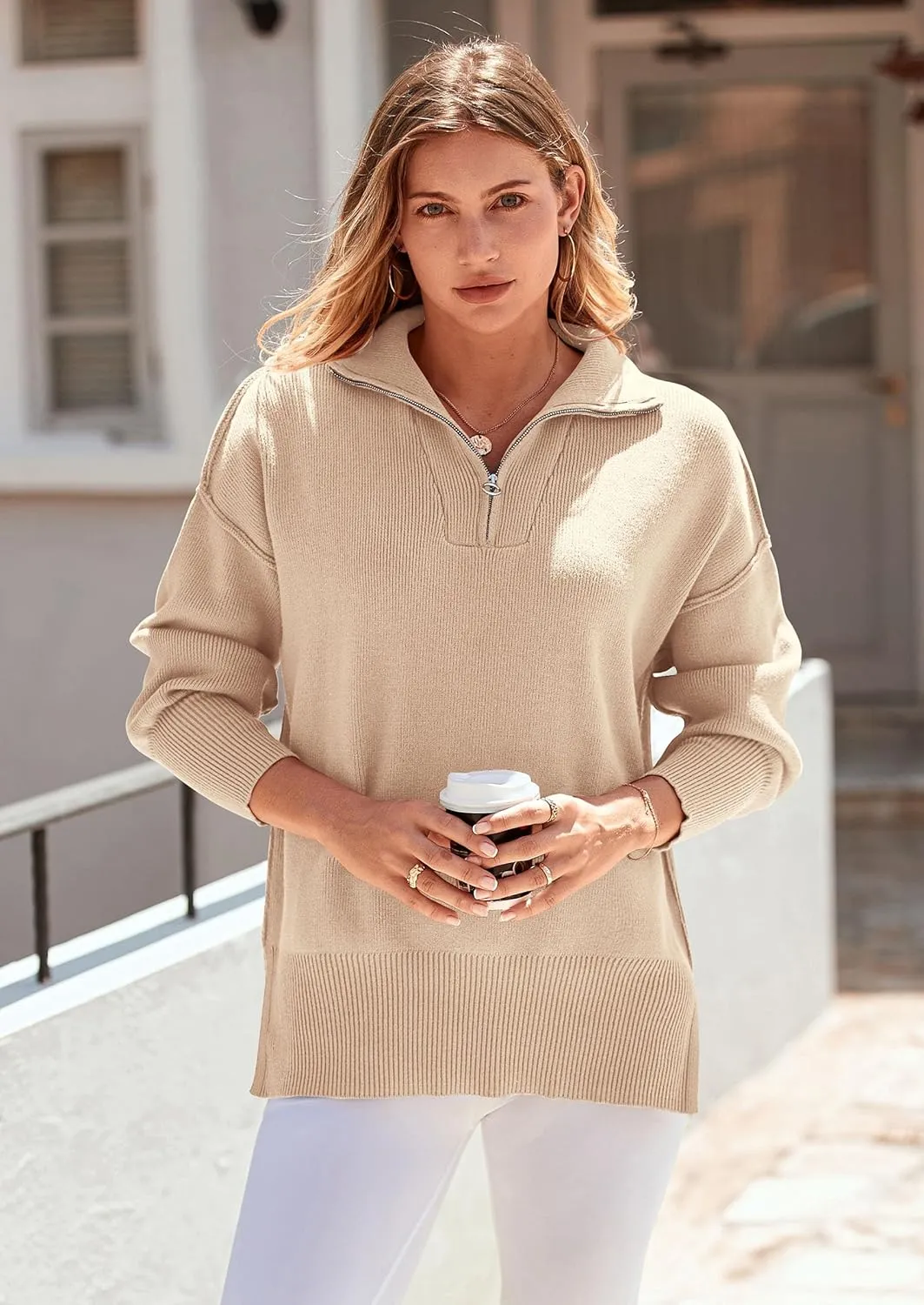 PRETTYGARDEN Women's Fall Pullover Oversized Sweaters Casual Long Sleeve Zip Up Lapel V Neck Knitted Winter Tops