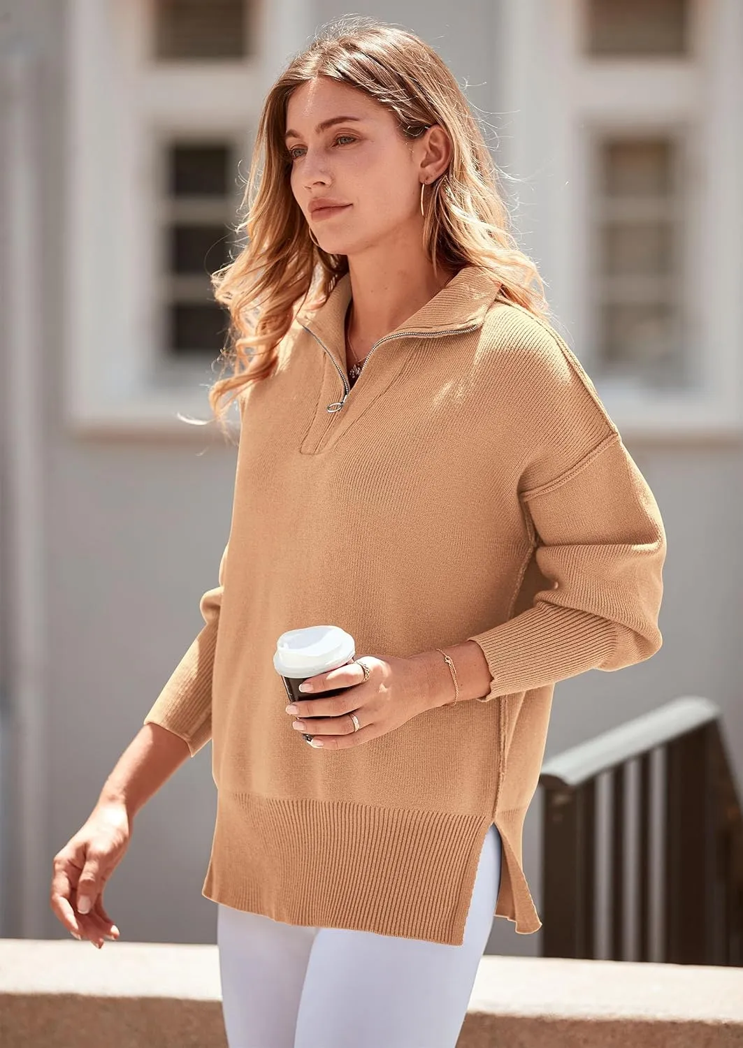 PRETTYGARDEN Women's Fall Pullover Oversized Sweaters Casual Long Sleeve Zip Up Lapel V Neck Knitted Winter Tops