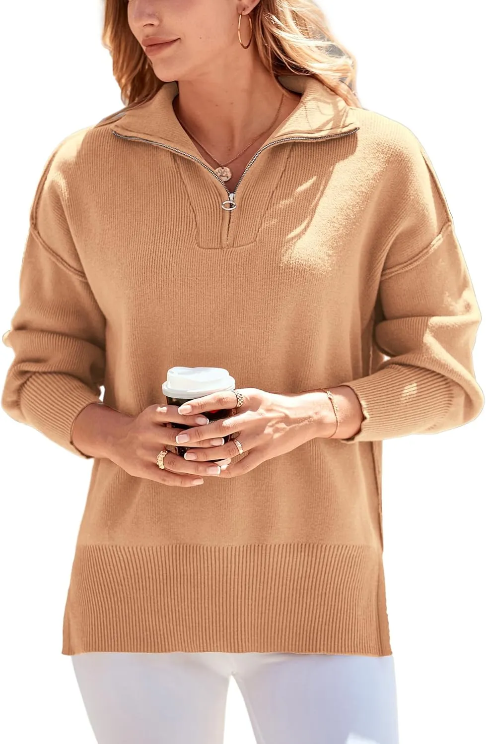 PRETTYGARDEN Women's Fall Pullover Oversized Sweaters Casual Long Sleeve Zip Up Lapel V Neck Knitted Winter Tops