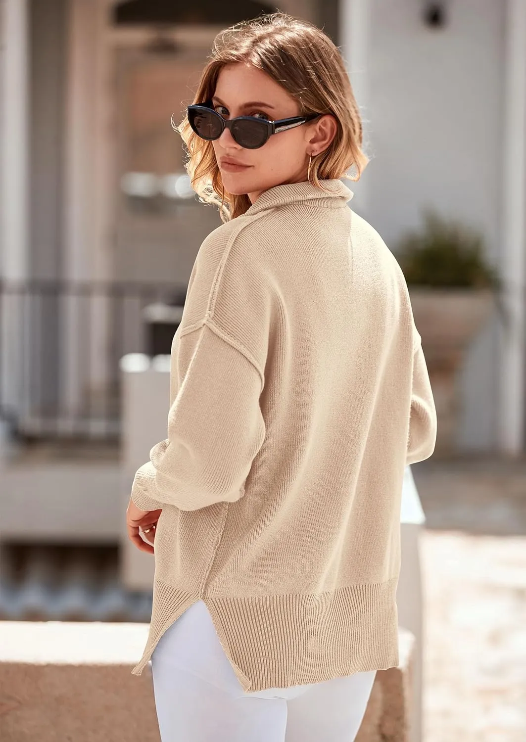 PRETTYGARDEN Women's Fall Pullover Oversized Sweaters Casual Long Sleeve Zip Up Lapel V Neck Knitted Winter Tops