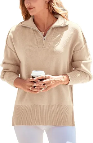 PRETTYGARDEN Women's Fall Pullover Oversized Sweaters Casual Long Sleeve Zip Up Lapel V Neck Knitted Winter Tops