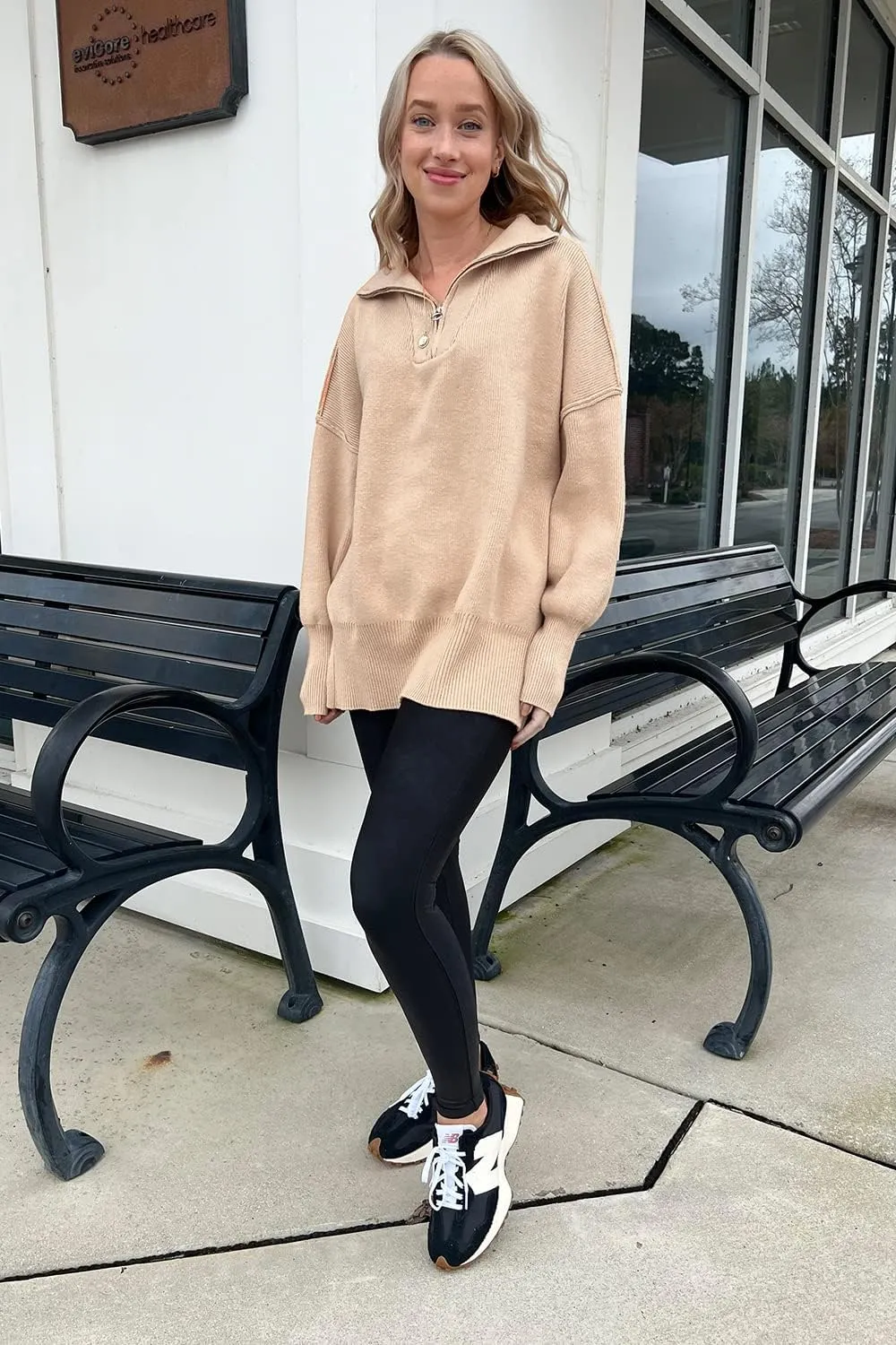 PRETTYGARDEN Women's Fall Pullover Oversized Sweaters Casual Long Sleeve Zip Up Lapel V Neck Knitted Winter Tops