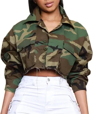 Ptorlio Womens Casual Cropped Camo Jacket Long Sleeve Camouflage Fall Jackets Y2K Coat Outerwear