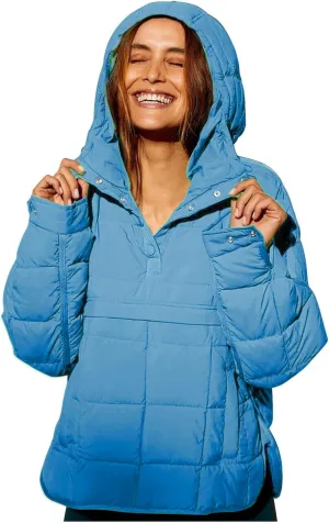 Pullover Puffer Jacket Womens Long Sleeve Oversized Quilted Hoodies Button Down Hooded Padded Coat Fall Comfy Outwear