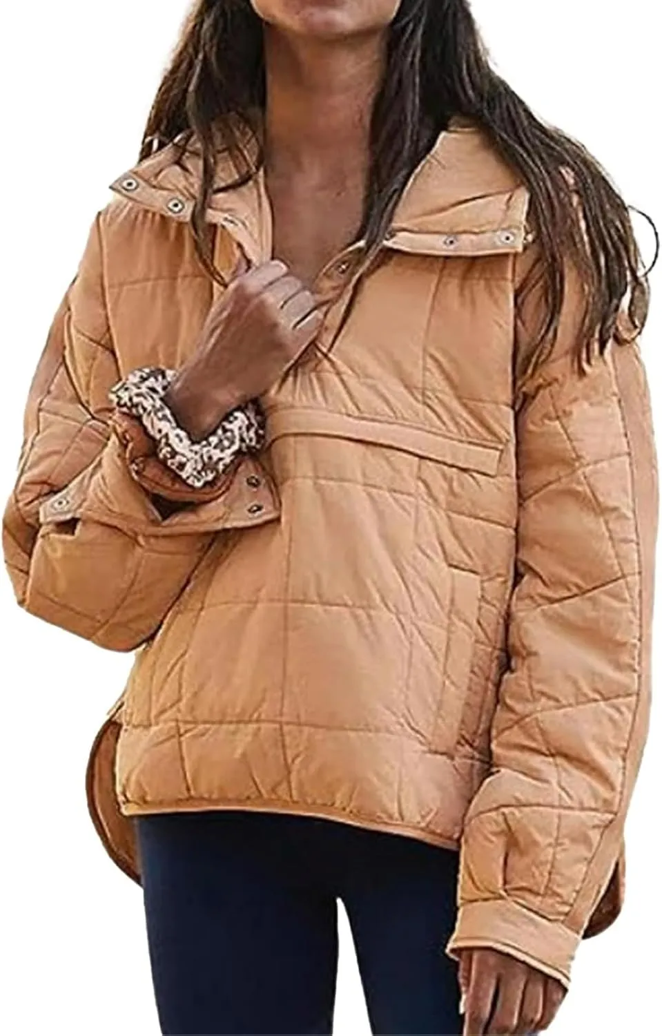 Pullover Puffer Jacket Womens Long Sleeve Oversized Quilted Hoodies Button Down Hooded Padded Coat Fall Comfy Outwear