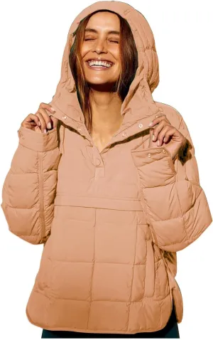 Pullover Puffer Jacket Womens Long Sleeve Oversized Quilted Hoodies Button Down Hooded Padded Coat Fall Comfy Outwear