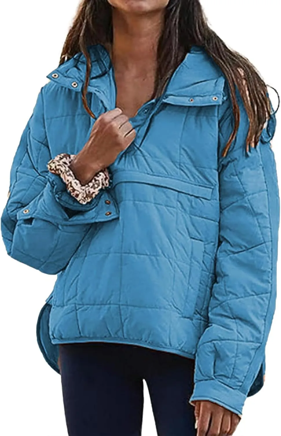 Pullover Puffer Jacket Womens Long Sleeve Oversized Quilted Hoodies Button Down Hooded Padded Coat Fall Comfy Outwear