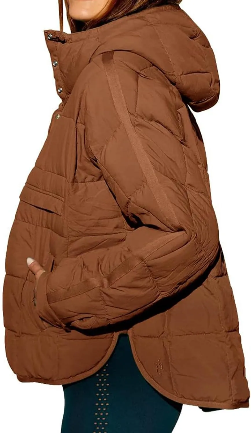 Pullover Puffer Jacket Womens Long Sleeve Oversized Quilted Hoodies Button Down Hooded Padded Coat Fall Comfy Outwear
