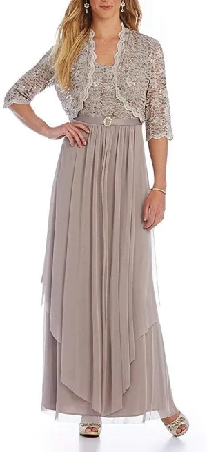 R&M Richards Womens Sequin Lace Long Jacket Dress - Mother of The Bride Dress (6, Champagne)