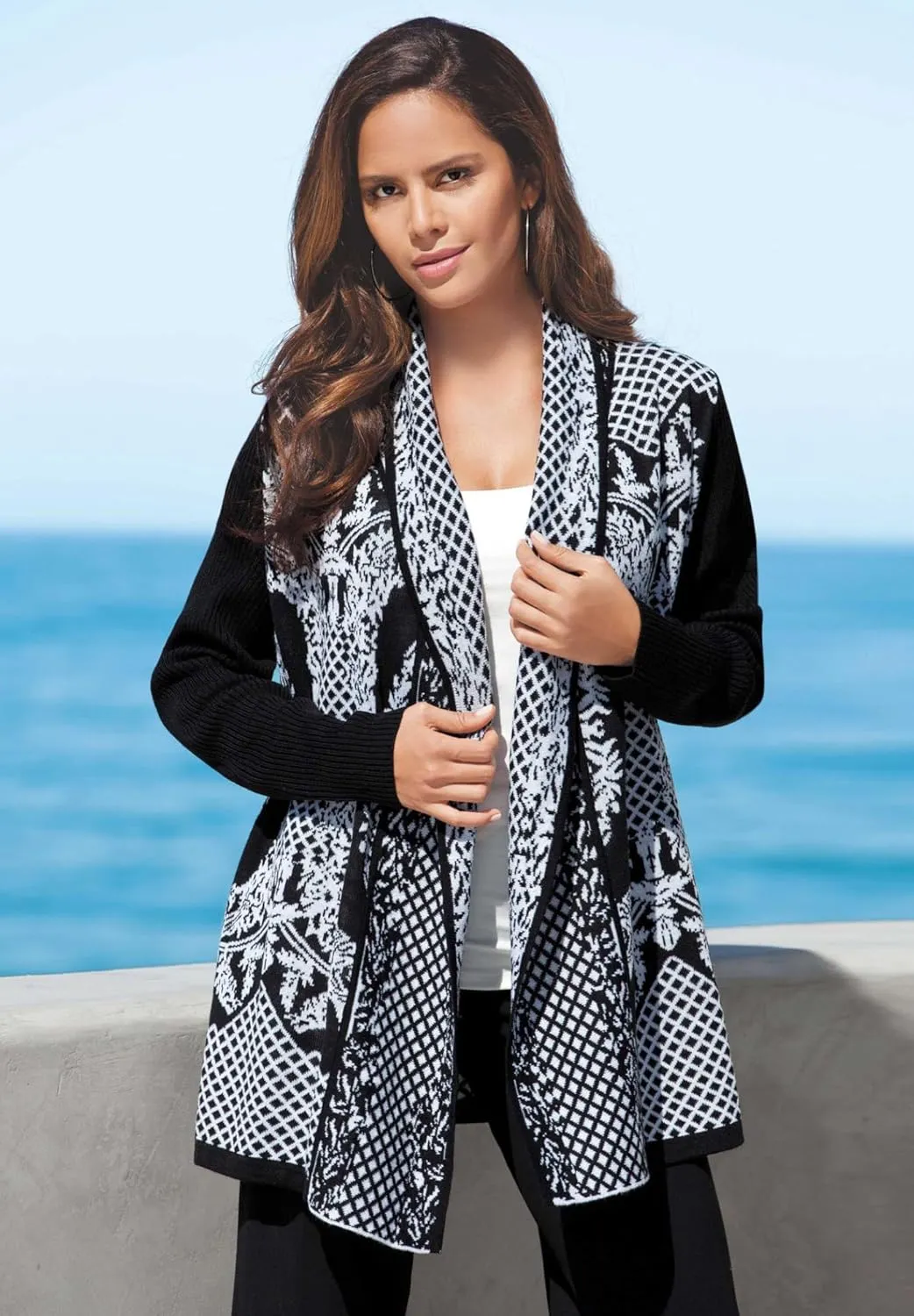 Roaman's Women's Plus Size Diamond Cage Cardigan Sweater