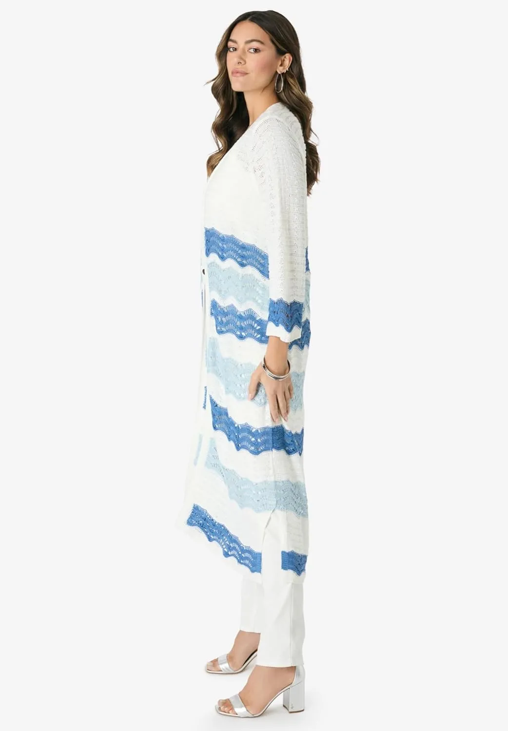 Roaman's Women's Plus Size Long Pointelle Cardigan Sweater