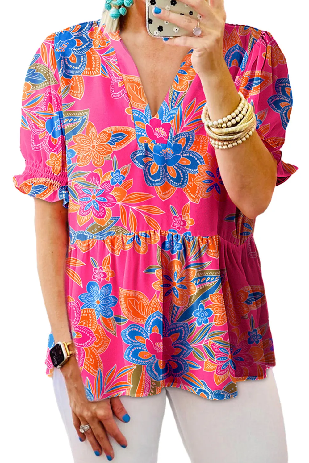 Rose Bohemian Floral Smocked Puff Sleeve Peplum Blouse