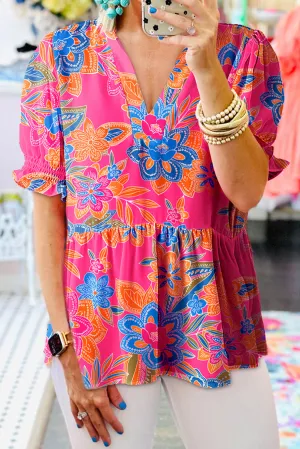Rose Bohemian Floral Smocked Puff Sleeve Peplum Blouse
