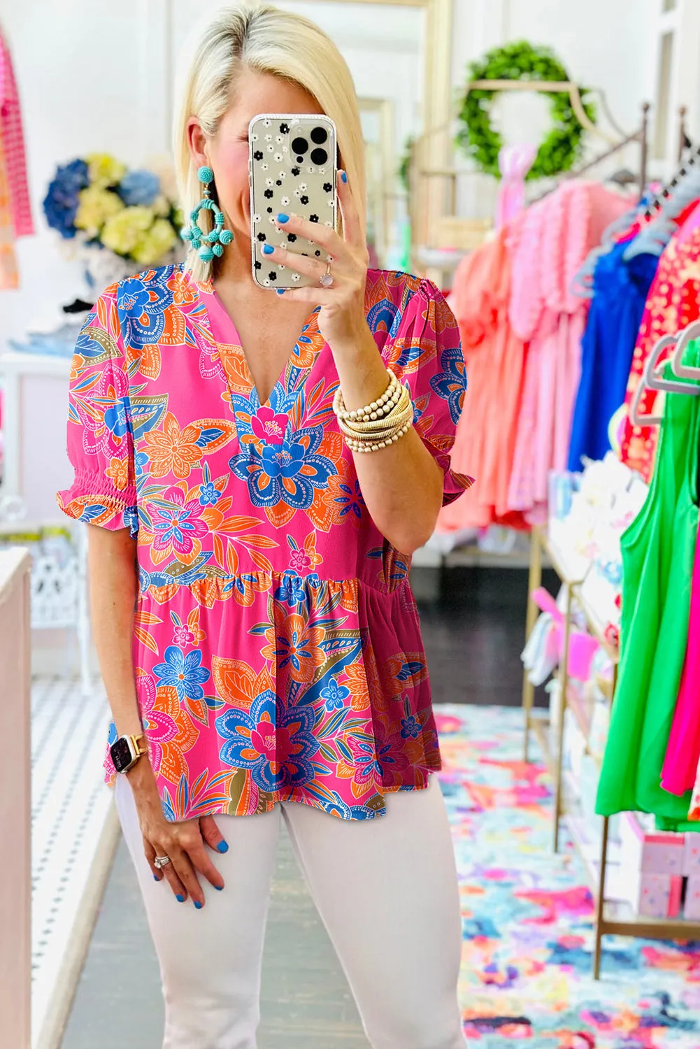 Rose Bohemian Floral Smocked Puff Sleeve Peplum Blouse