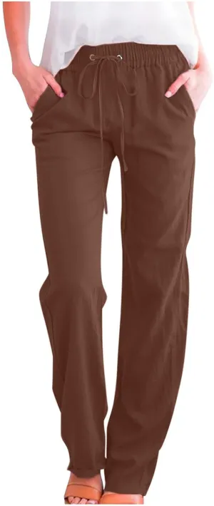 Ruziyoog Summer Cotton Linen Pants for Women Casual Solid Straight Leg Pants Drawstring Elastic High Waist Palazzo Trousers