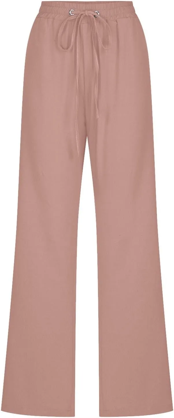 Ruziyoog Summer Cotton Linen Pants for Women Casual Solid Straight Leg Pants Drawstring Elastic High Waist Palazzo Trousers