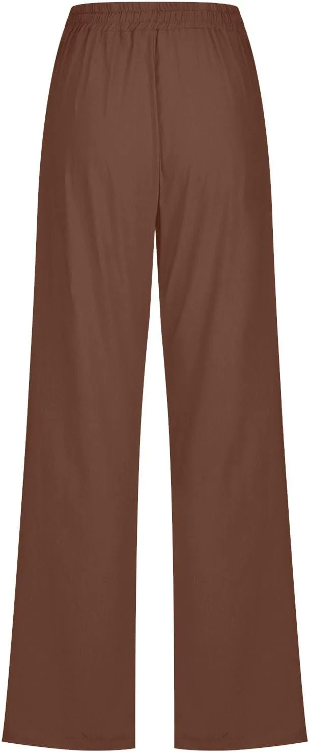 Ruziyoog Summer Cotton Linen Pants for Women Casual Solid Straight Leg Pants Drawstring Elastic High Waist Palazzo Trousers