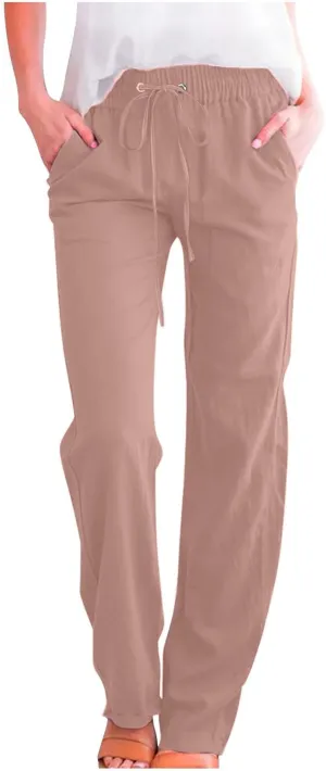 Ruziyoog Summer Cotton Linen Pants for Women Casual Solid Straight Leg Pants Drawstring Elastic High Waist Palazzo Trousers