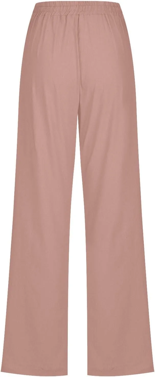 Ruziyoog Summer Cotton Linen Pants for Women Casual Solid Straight Leg Pants Drawstring Elastic High Waist Palazzo Trousers