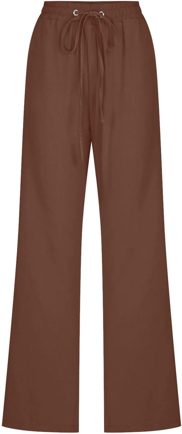 Ruziyoog Summer Cotton Linen Pants for Women Casual Solid Straight Leg Pants Drawstring Elastic High Waist Palazzo Trousers
