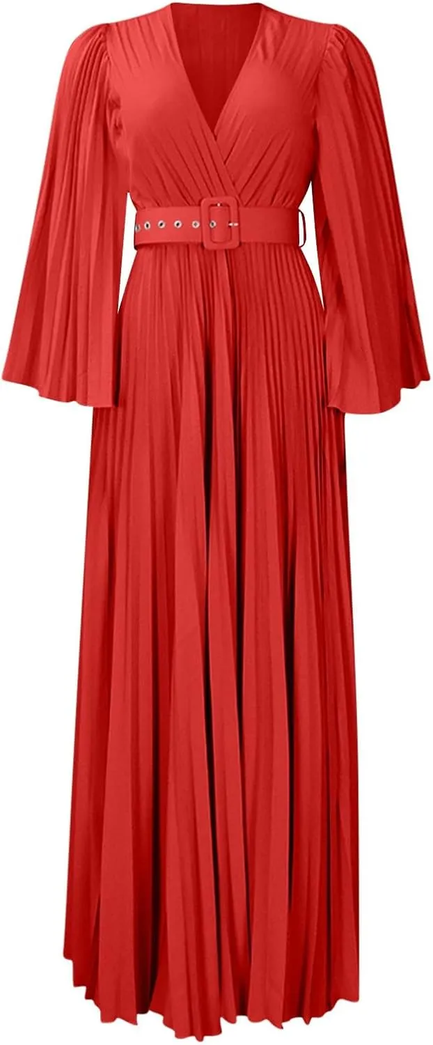 Rvidbe Long Sleeve Bridesmaid Dresses for Women V-Neck Formal Dress Plus Pleated A Line Chiffon Evening Prom Gown with Belt