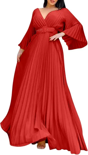Rvidbe Long Sleeve Bridesmaid Dresses for Women V-Neck Formal Dress Plus Pleated A Line Chiffon Evening Prom Gown with Belt