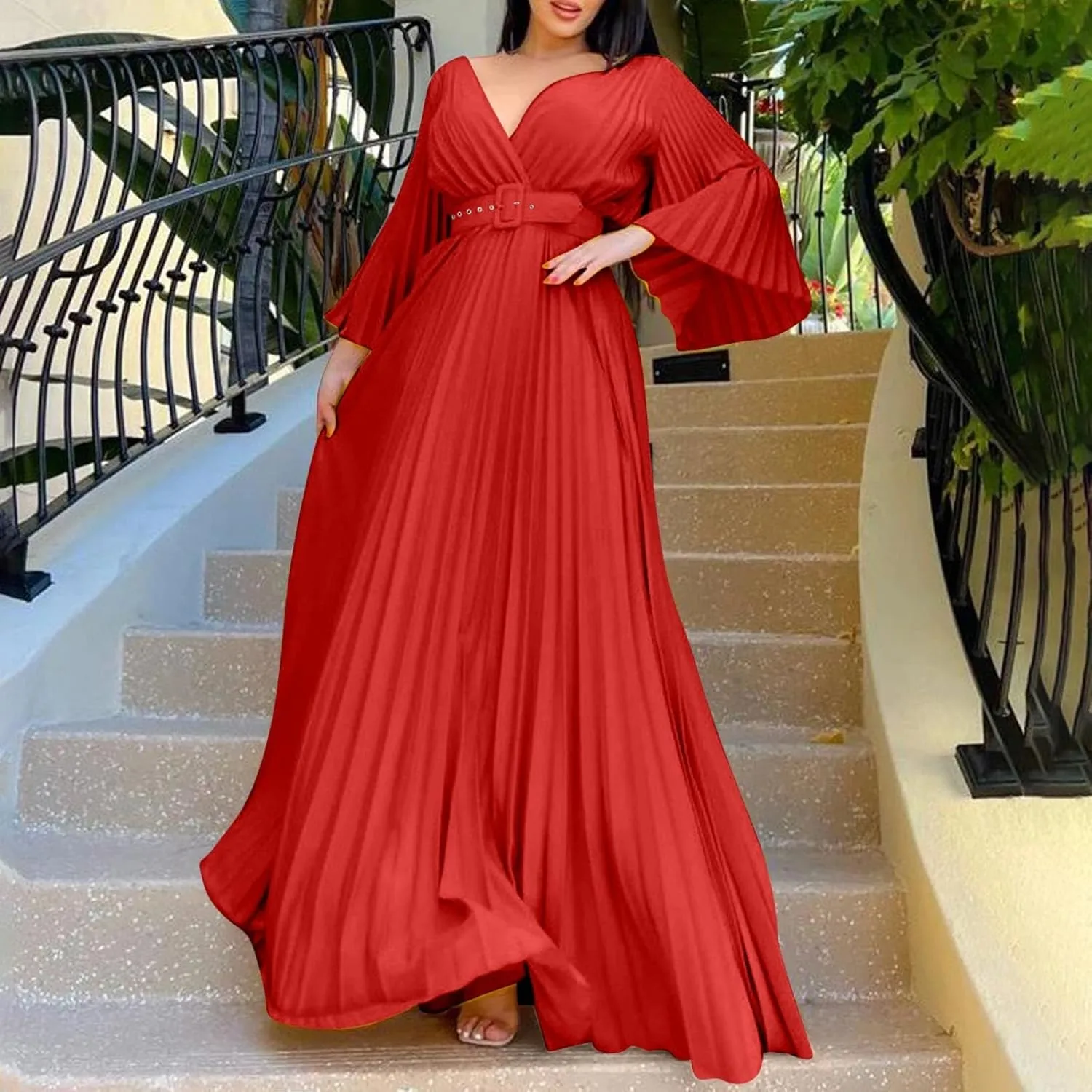 Rvidbe Long Sleeve Bridesmaid Dresses for Women V-Neck Formal Dress Plus Pleated A Line Chiffon Evening Prom Gown with Belt