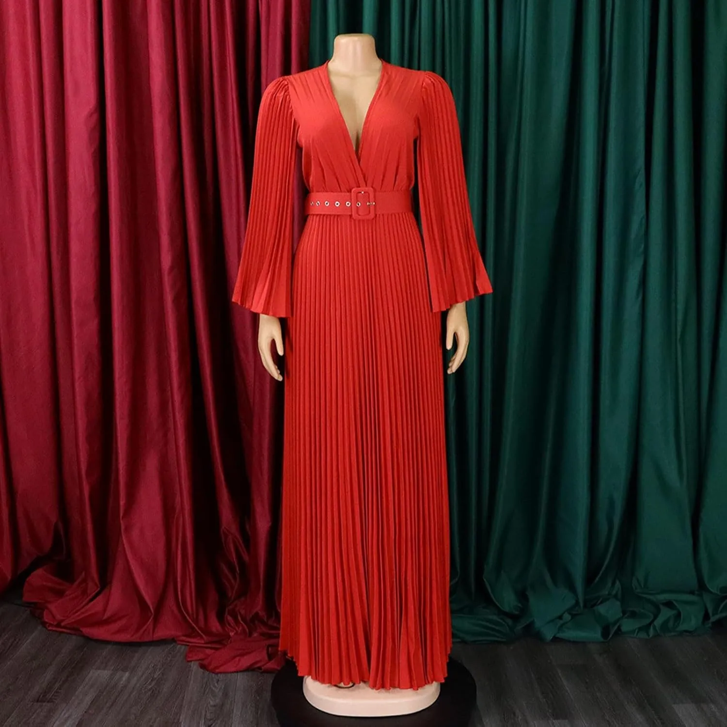 Rvidbe Long Sleeve Bridesmaid Dresses for Women V-Neck Formal Dress Plus Pleated A Line Chiffon Evening Prom Gown with Belt