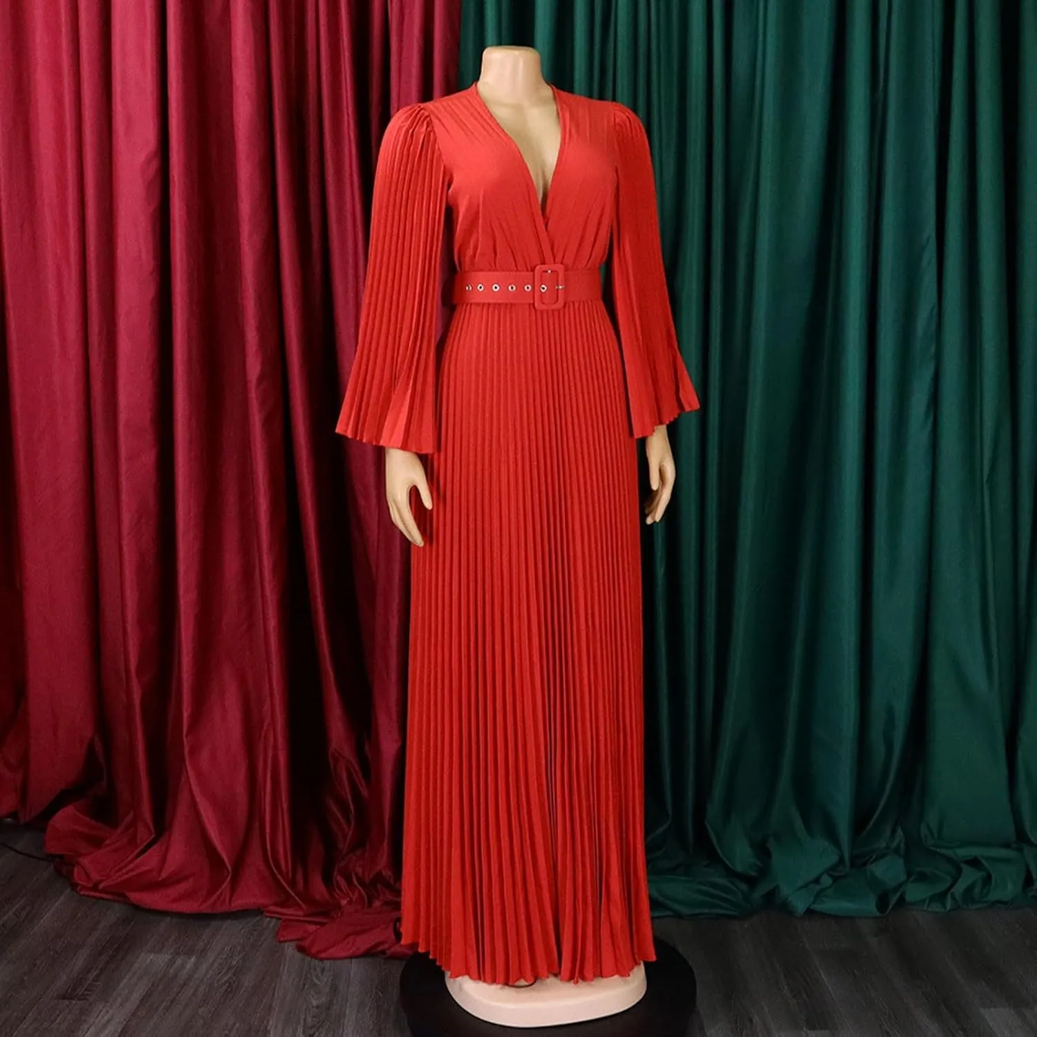 Rvidbe Long Sleeve Bridesmaid Dresses for Women V-Neck Formal Dress Plus Pleated A Line Chiffon Evening Prom Gown with Belt