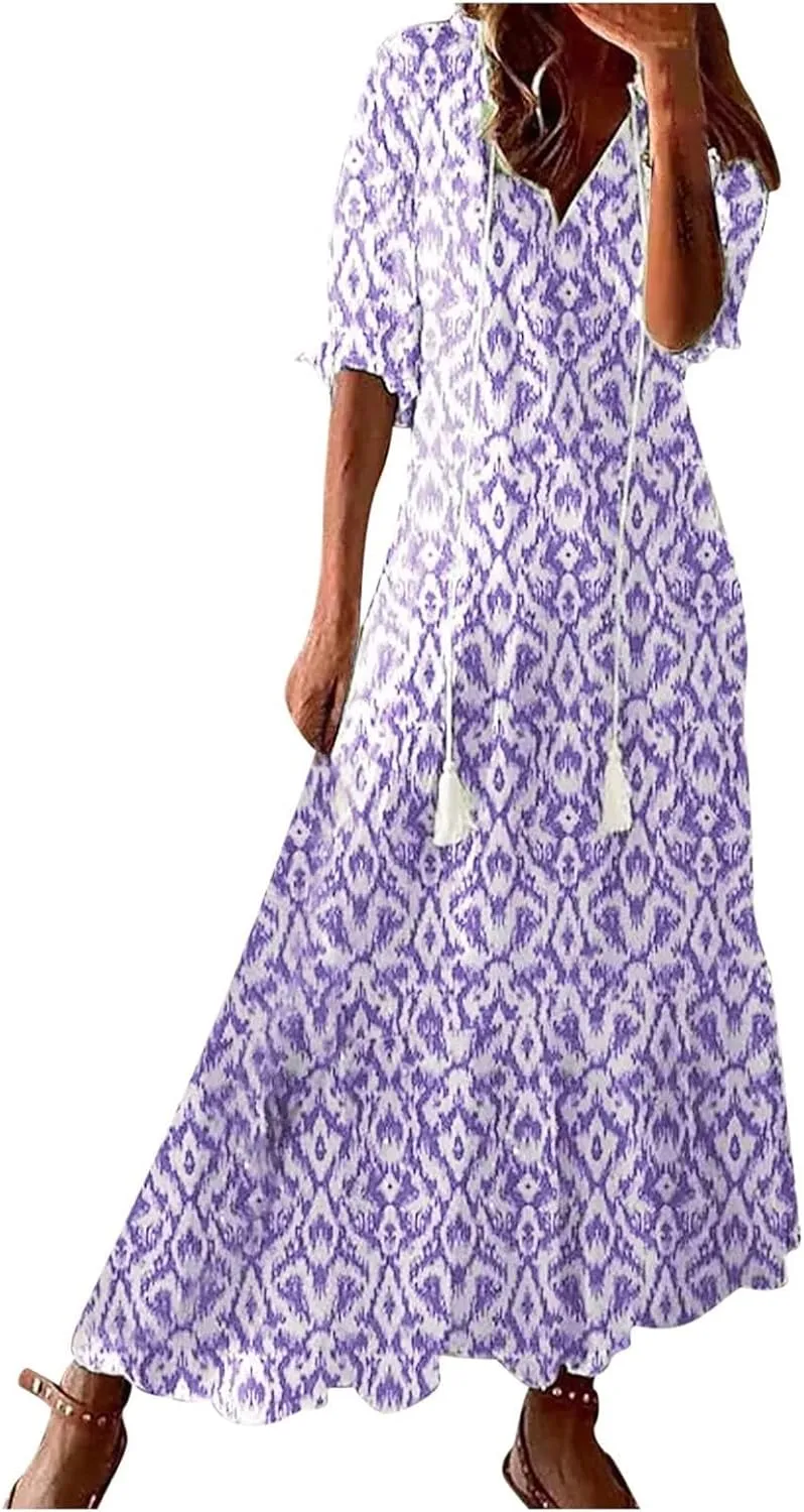 Rvidbe Womens Summer Dresses Casual V Neck Short Sleeve Floral Print Boho Maxi Dress Flowy Plus Size Beach Vacation Sundress
