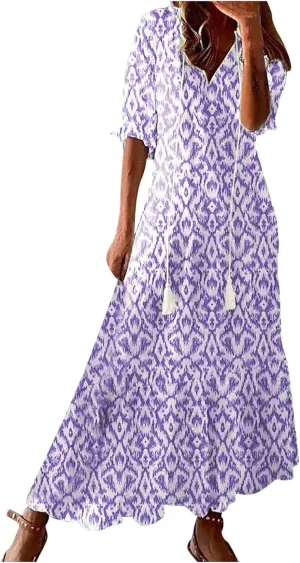 Rvidbe Womens Summer Dresses Casual V Neck Short Sleeve Floral Print Boho Maxi Dress Flowy Plus Size Beach Vacation Sundress