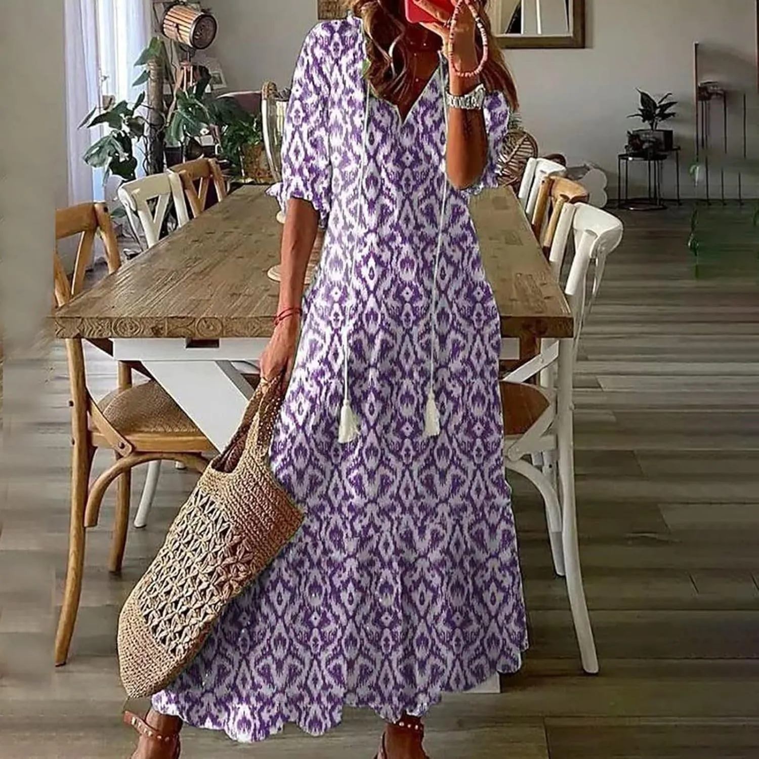 Rvidbe Womens Summer Dresses Casual V Neck Short Sleeve Floral Print Boho Maxi Dress Flowy Plus Size Beach Vacation Sundress