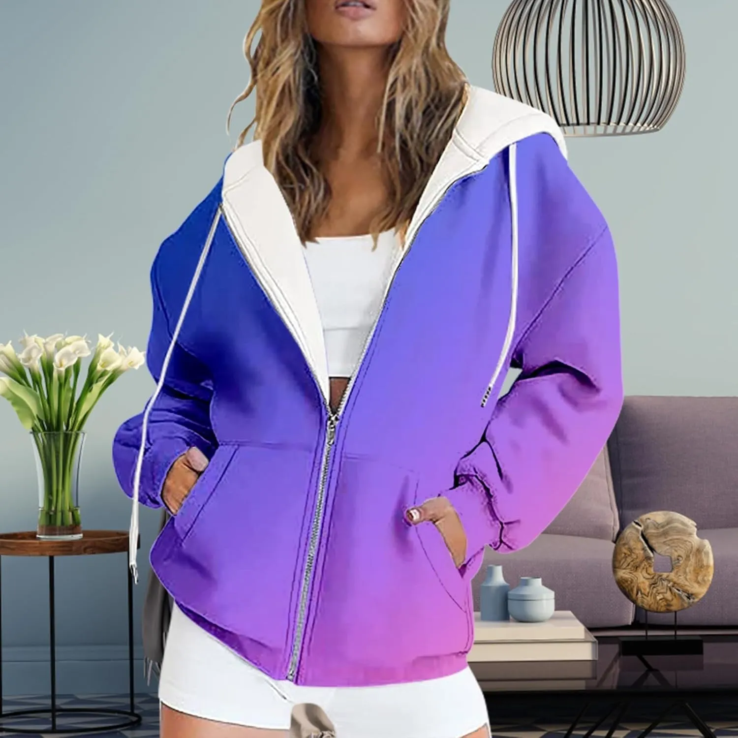 SAMST Women's Oversized Zip Up Hoodies Sweatshirts Y2K Clothes Teen Girl Fall Casual Drawstring Jackets with Pockets