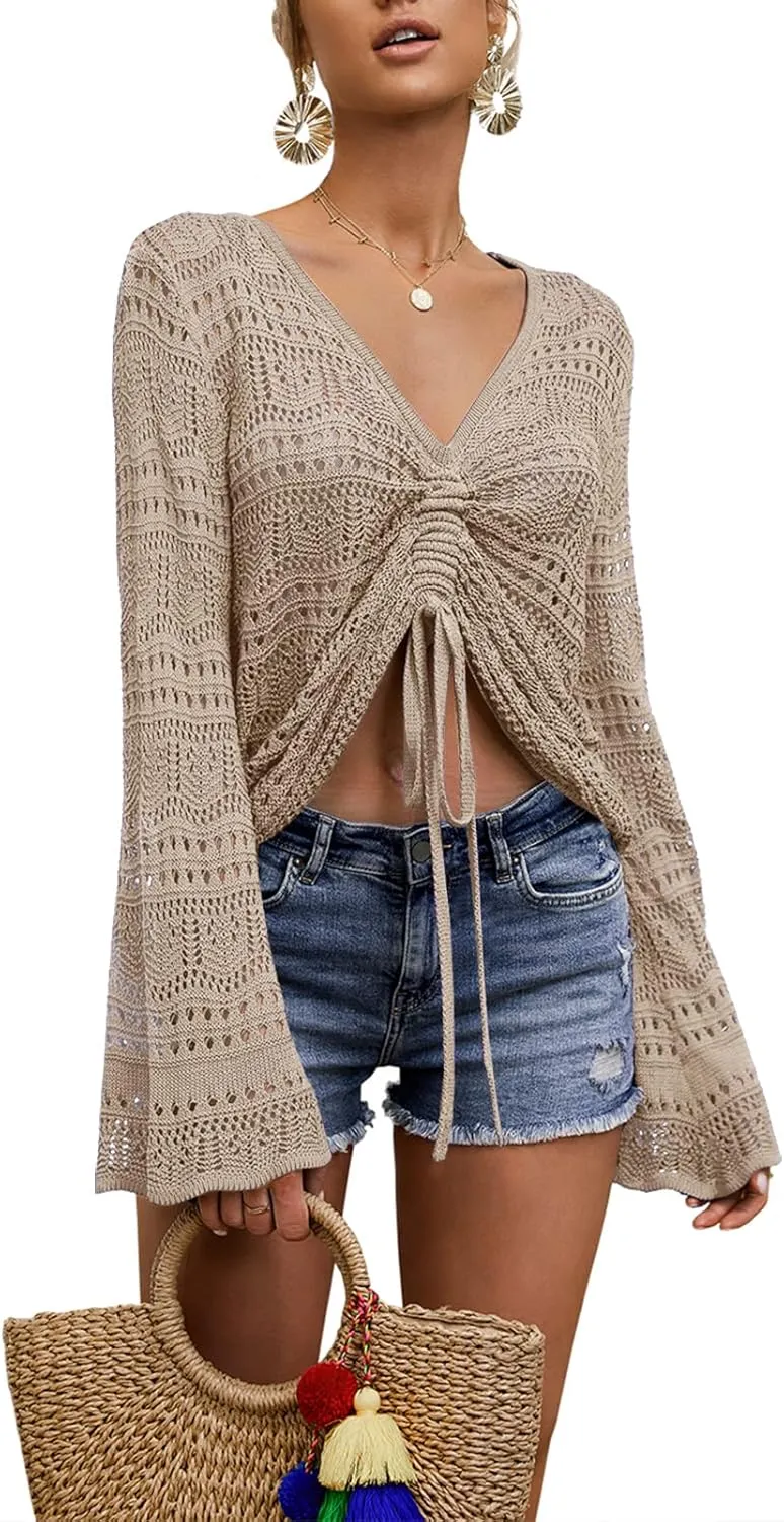 Saodimallsu Womens Boho Off Shoulder Sheer Crop Tops Bell Sleeve Flowy Oversized Crochet Ruched Pullover Sweaters