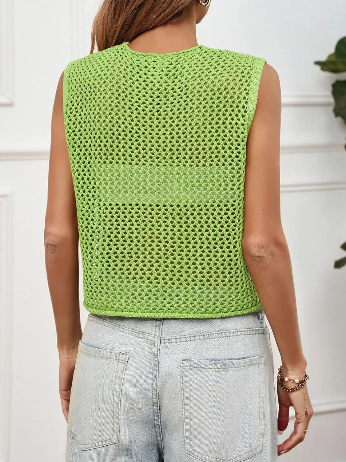 Saodimallsu Womens Crochet Sweater Vest Button Down Sleeveless Crew Neck Boho Knit Crop Tank Tops Summer Cardigans