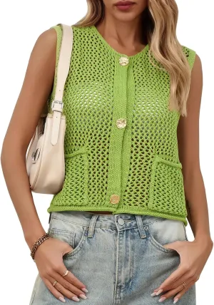 Saodimallsu Womens Crochet Sweater Vest Button Down Sleeveless Crew Neck Boho Knit Crop Tank Tops Summer Cardigans