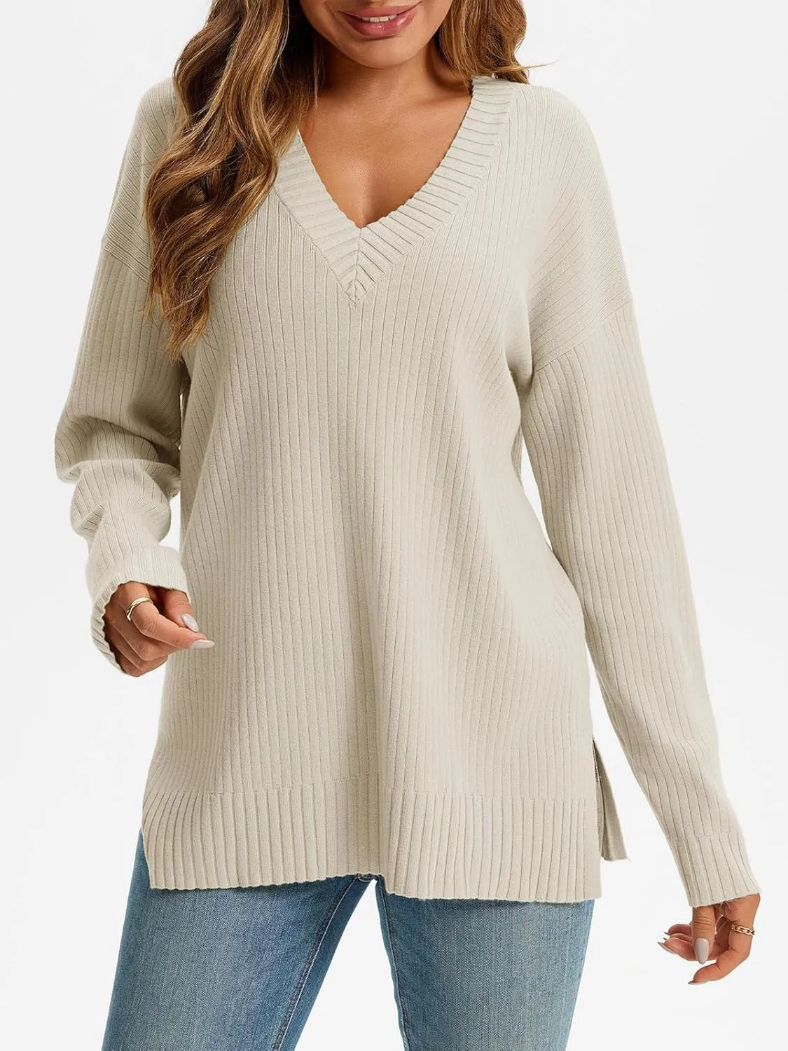 Saodimallsu Womens V Neck Sweater 2024 Fall Oversized Ribbed Knit Trendy Slit Casual Loose Fit Long Sleeve Pullover Top