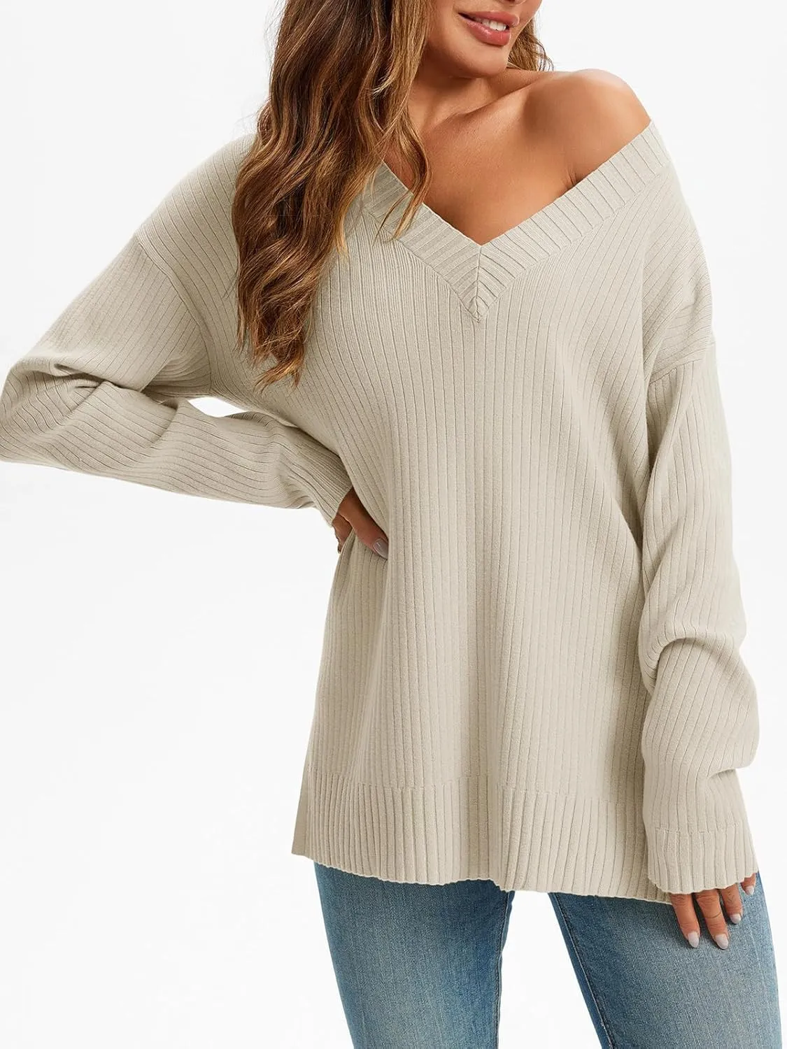 Saodimallsu Womens V Neck Sweater 2024 Fall Oversized Ribbed Knit Trendy Slit Casual Loose Fit Long Sleeve Pullover Top