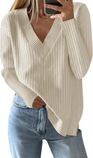 Saodimallsu Womens V Neck Sweater 2024 Fall Oversized Ribbed Knit Trendy Slit Casual Loose Fit Long Sleeve Pullover Top