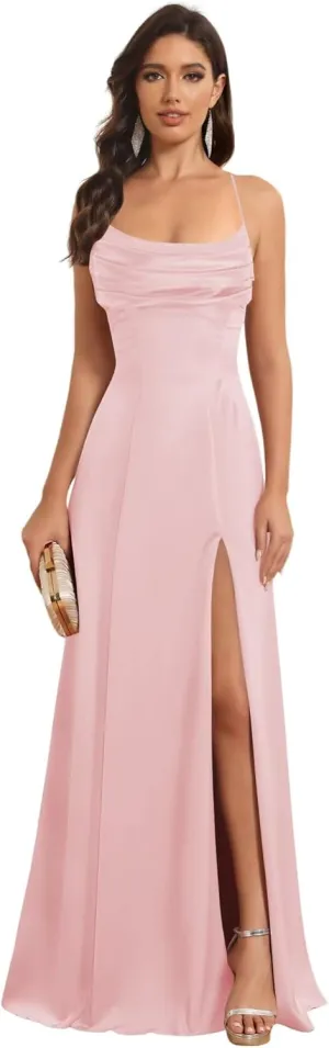 Satin Long Bridesmaid Dresses with Slit for Women Aline Corset Prom Dress PU078