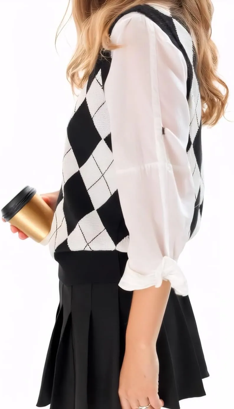SELINK Boys Girls School Uniform Sweater Vest V Neck Soft Comfy Pullover Trendy Argyle Knitted Waistcoat Vest
