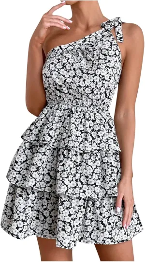 SERYU Women's Summer Tie One Shoulder Boho Floral Mini Dress Elastic Waist Tiered Ruffle A Line Flowy Dresses